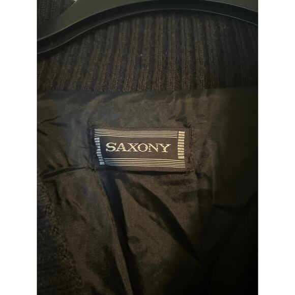 GUC Saxony Men's Blue/Black Cardigan Sweater Leather Elbows and Trim Size Medium - Picture 2 of 6